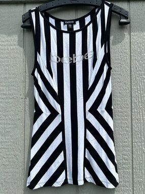 Bebe Black & White Striped Rhinestone Logo Tank Top Sleeveless